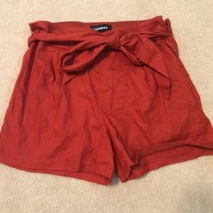 Red Midi High Rise Cotton Shorts